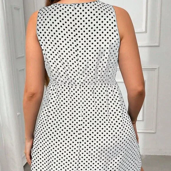 Multicolor Casual Women's Plus Size Polka Dot Print Deep V-Neck Sleeveless Dress - Picture 2 of 6